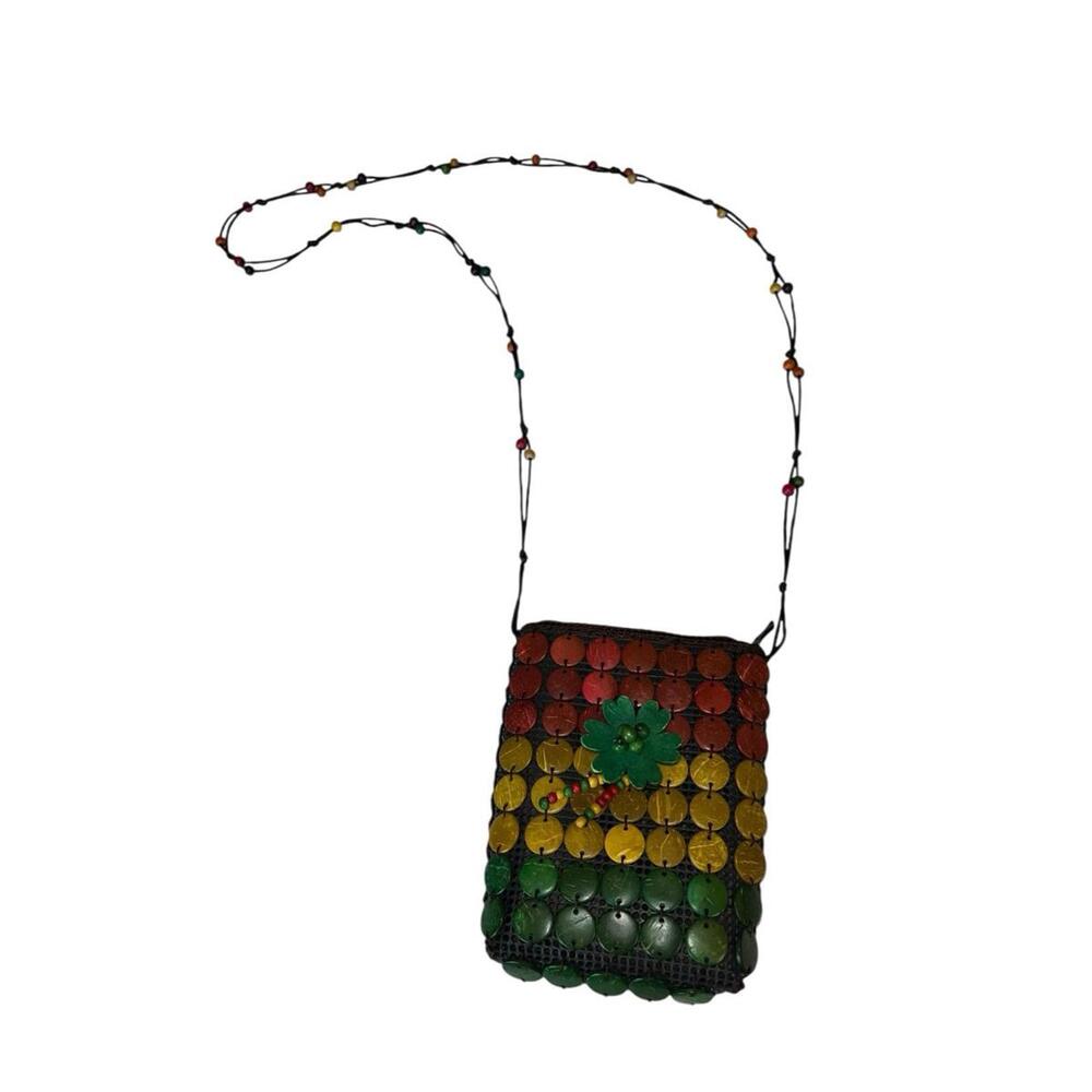 Rasta Boho Wood Beaded Disc Crossbody Bag Multicolor Flower Accent Handmade